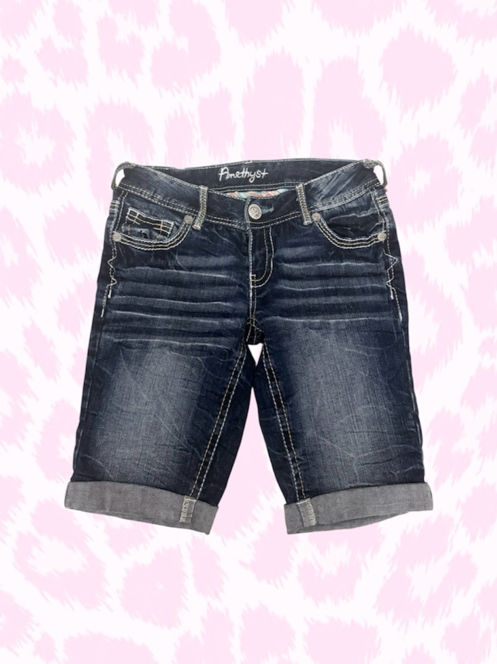 Vintage Y2K Amethyst Jeans Rolled Cuff Dark Blue Denim Bermuda Shorts